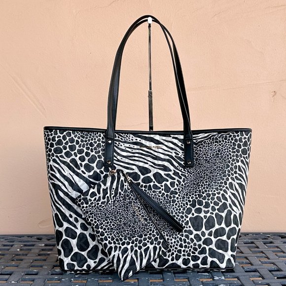 Michael Kors Carter Large Open Tote Bag + Double Zip Wallet MK Zebra Print Black - Picture 1 of 16